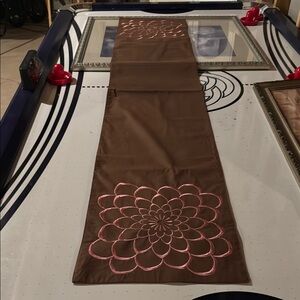 Brown Table Runner with Pink Floral Embroidery